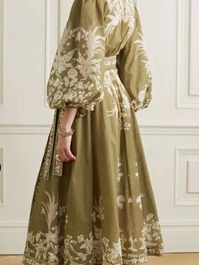 Zimmermann Olive Green Maxi Dress with Cream and tan Embroidery